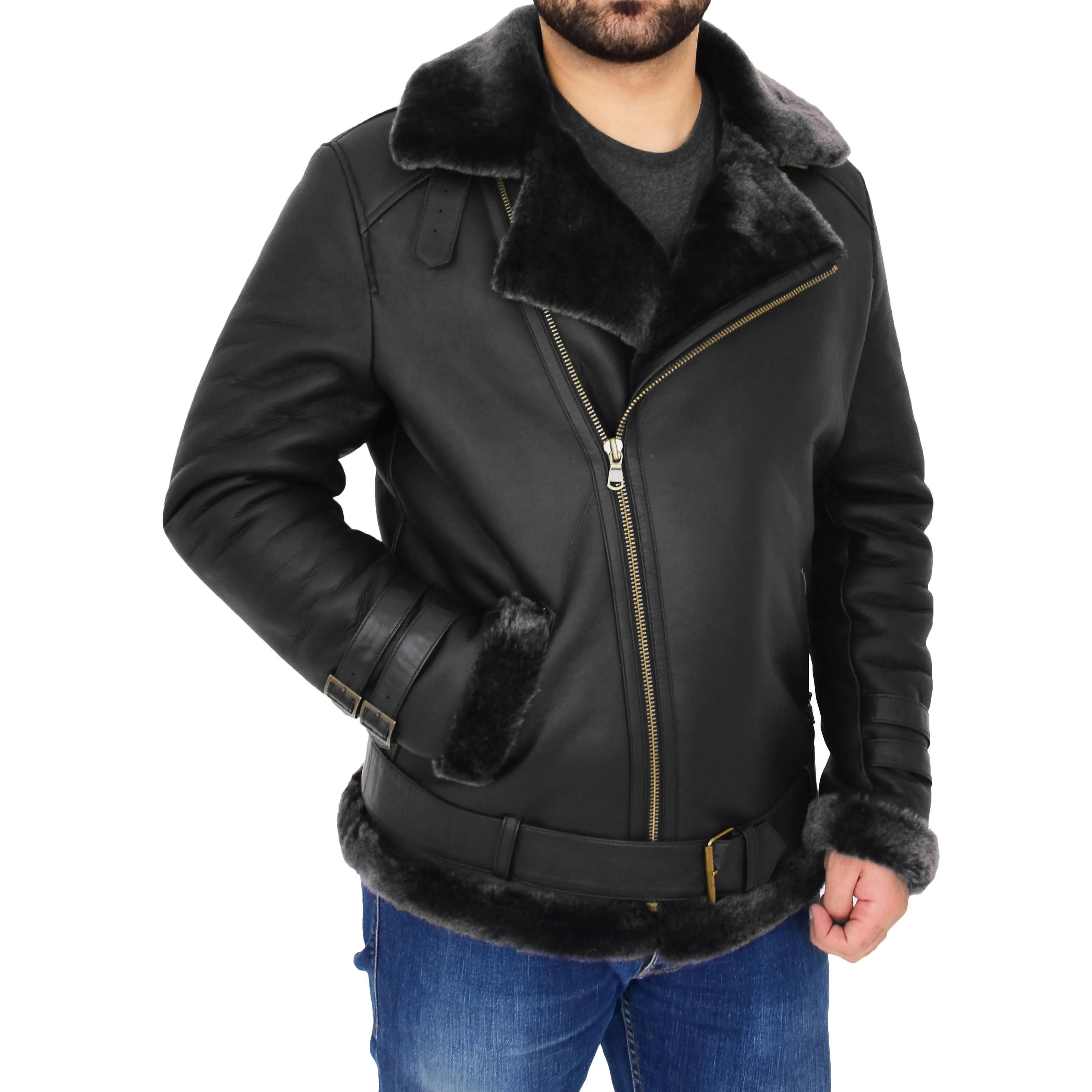 Mens Real Sheepskin Jacket Black X-Zip Aviator Shearling Hugh Black