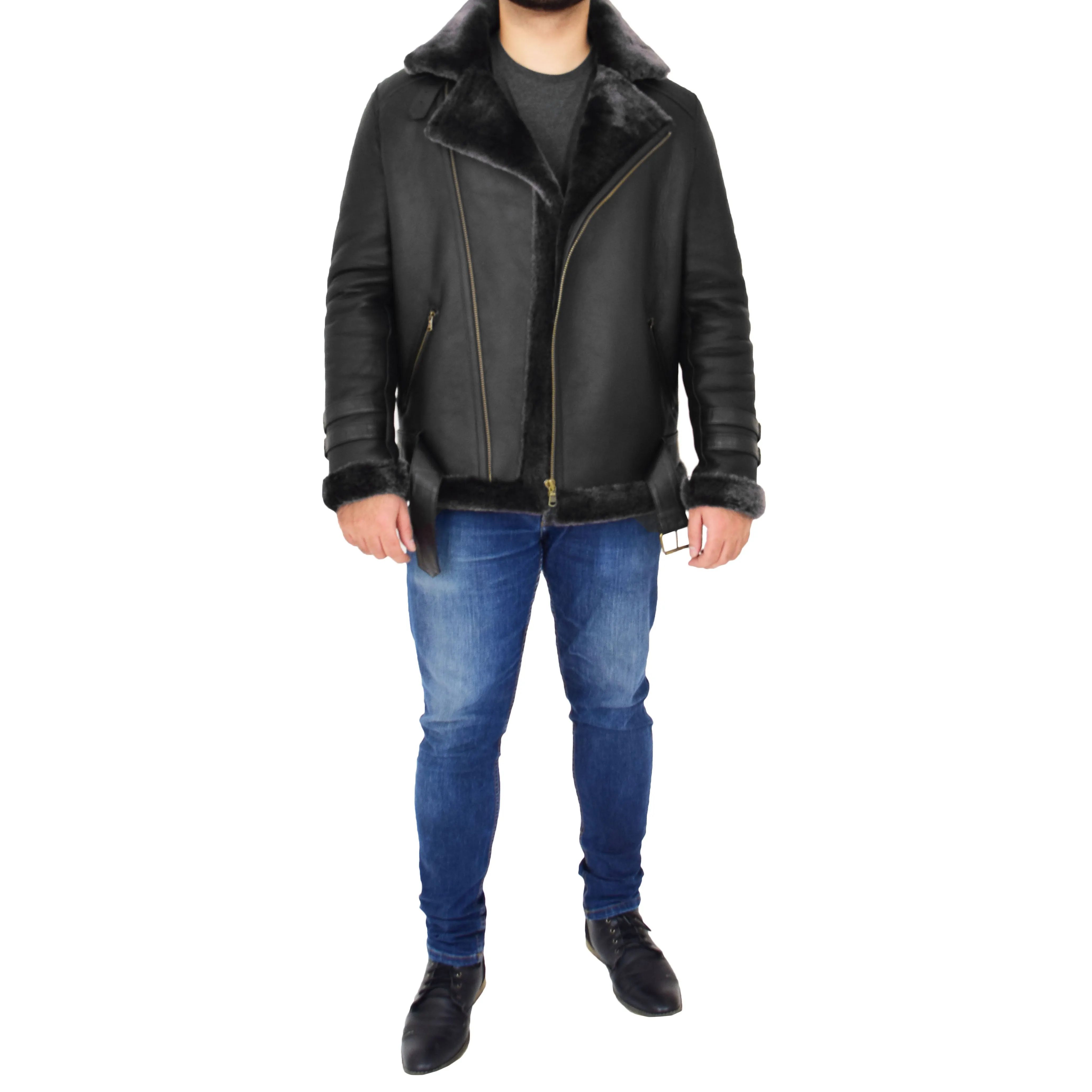 Mens Real Sheepskin Jacket Black X-Zip Aviator Shearling Hugh Black