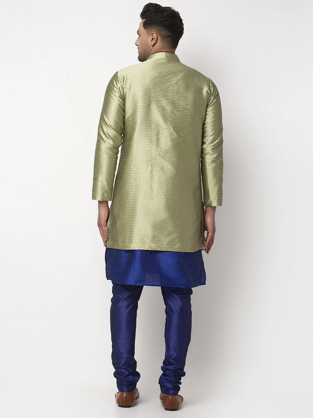 Men's Royal Blue Kurta With Pyjama & Beige Self Design Jacket - Benstoke