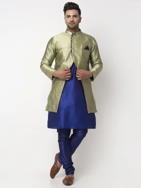 Men's Royal Blue Kurta With Pyjama & Beige Self Design Jacket - Benstoke