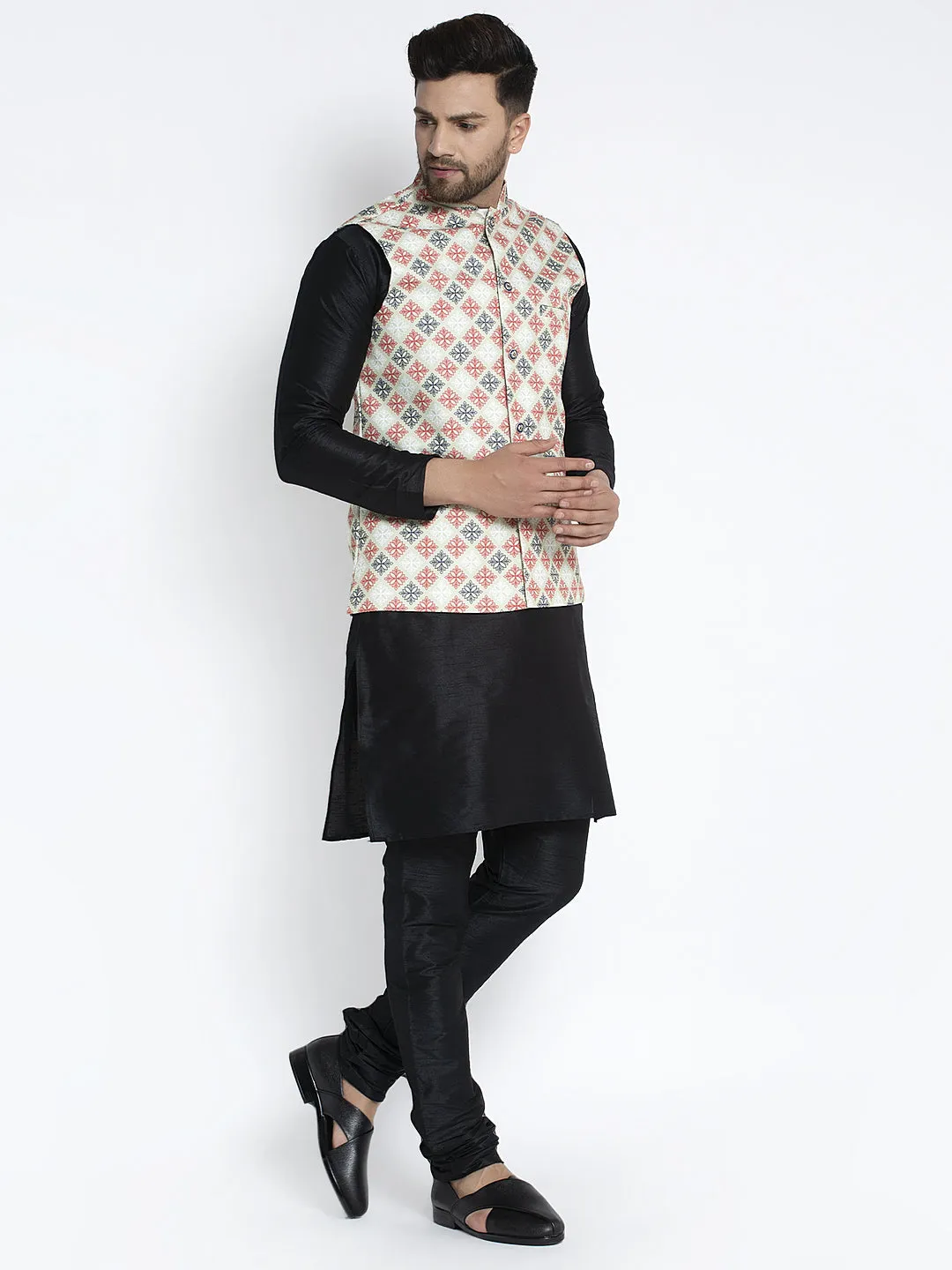 Men's Silk Blend Black Kurta With Pyjama & Green Printed Nehru Jacket - Benstoke