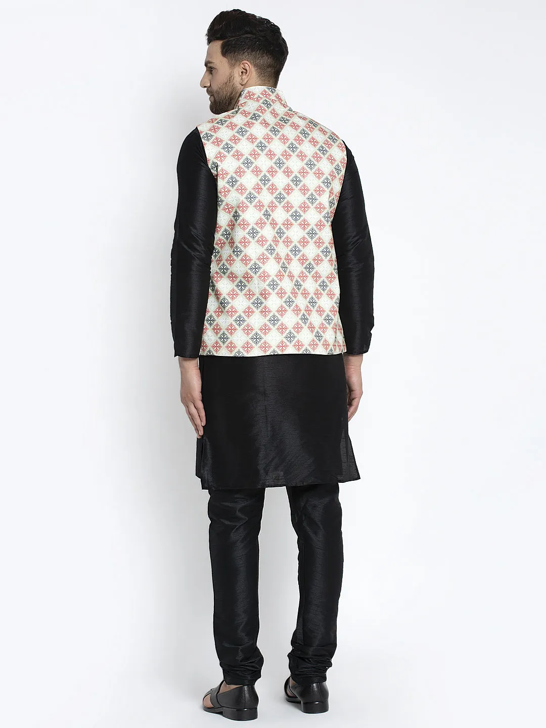 Men's Silk Blend Black Kurta With Pyjama & Green Printed Nehru Jacket - Benstoke