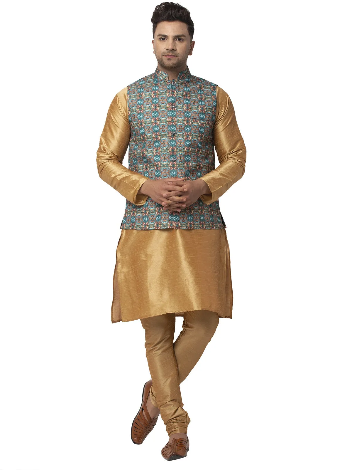 Men's Silk Blend Copper Kurta With Pyjama & Sea Green Printed Nehru Jacket - Benstoke