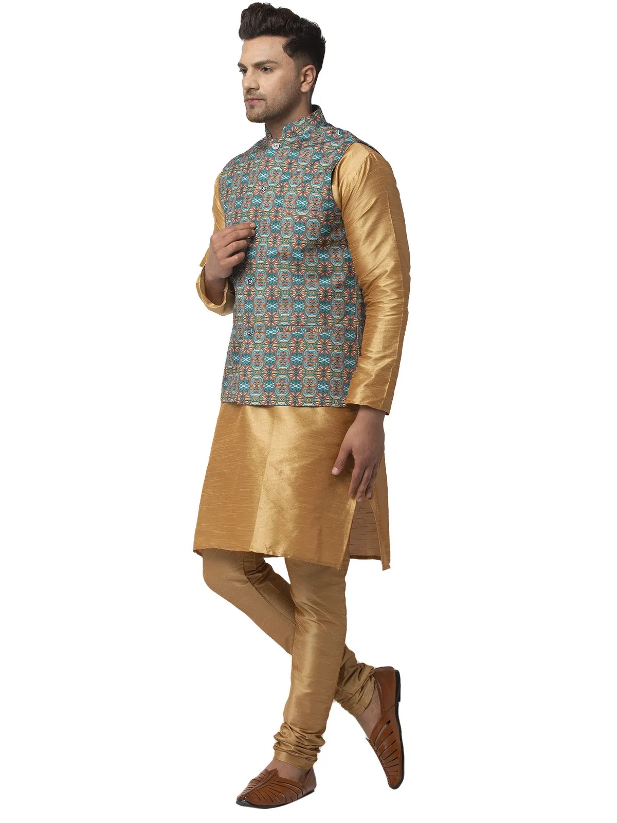 Men's Silk Blend Copper Kurta With Pyjama & Sea Green Printed Nehru Jacket - Benstoke