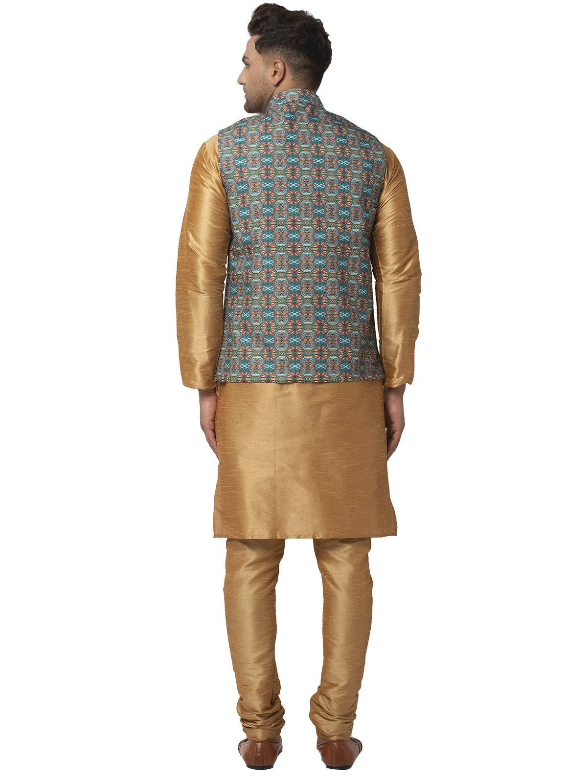 Men's Silk Blend Copper Kurta With Pyjama & Sea Green Printed Nehru Jacket - Benstoke