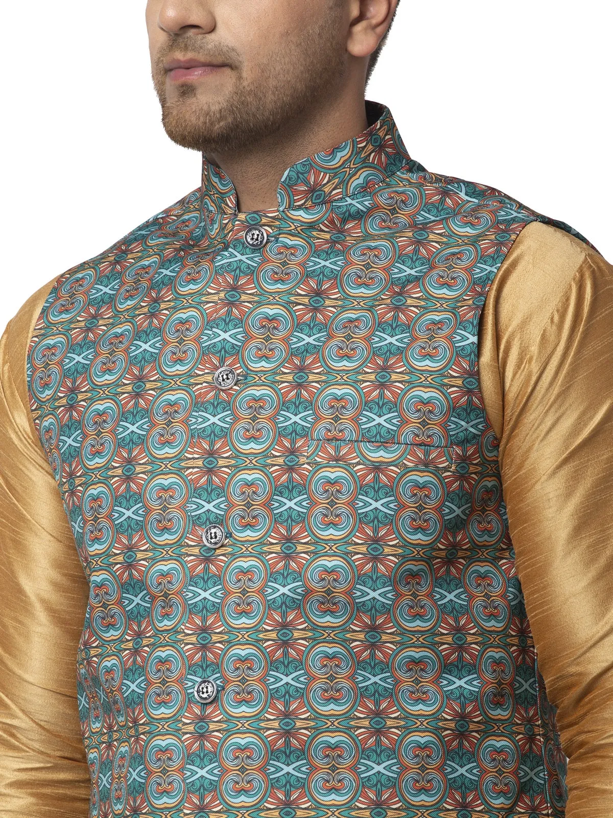 Men's Silk Blend Copper Kurta With Pyjama & Sea Green Printed Nehru Jacket - Benstoke