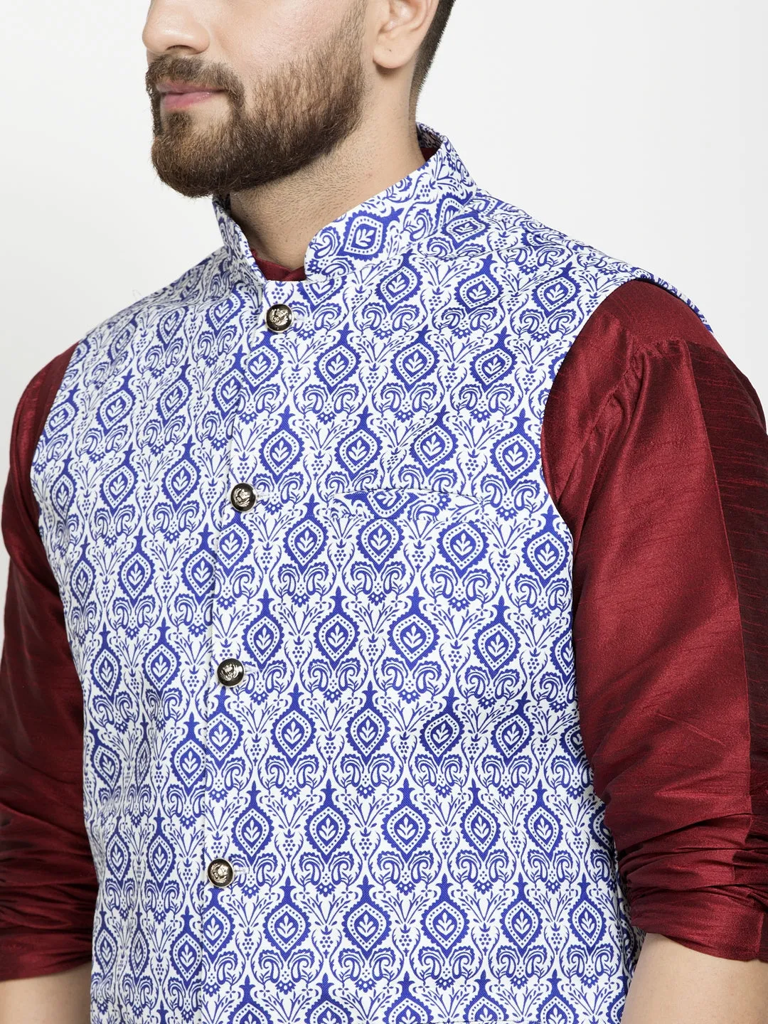 Men's Silk Blend Maroon Kurta With Pyjama & Blue Printed Nehru Jacket - Benstoke