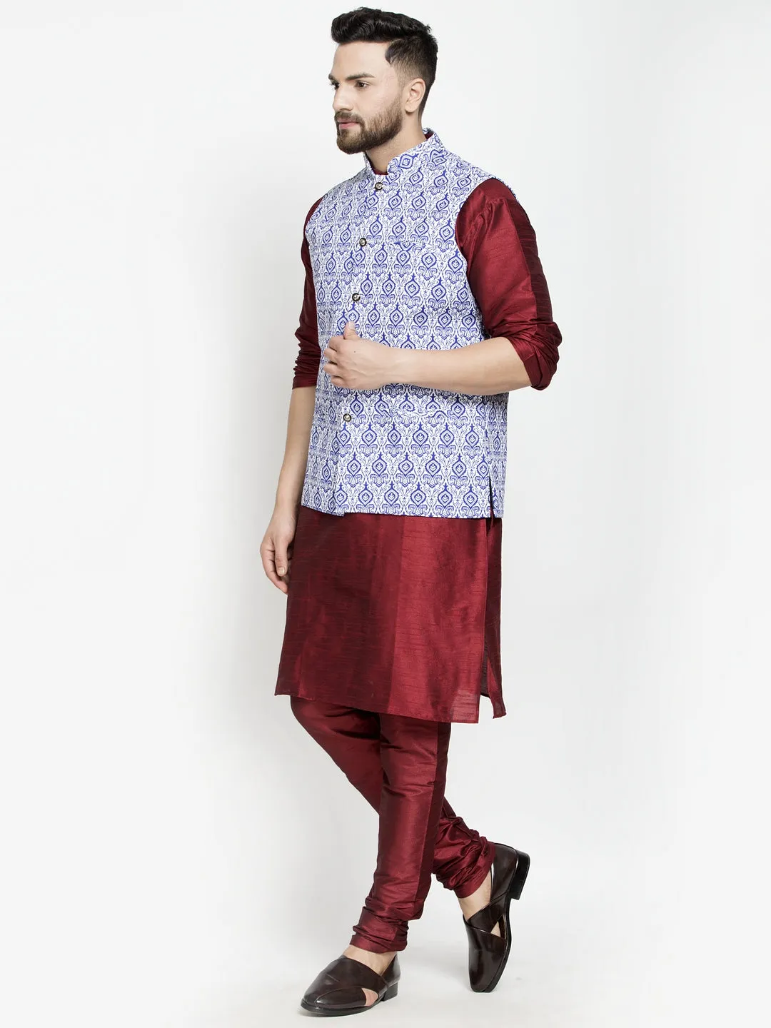 Men's Silk Blend Maroon Kurta With Pyjama & Blue Printed Nehru Jacket - Benstoke