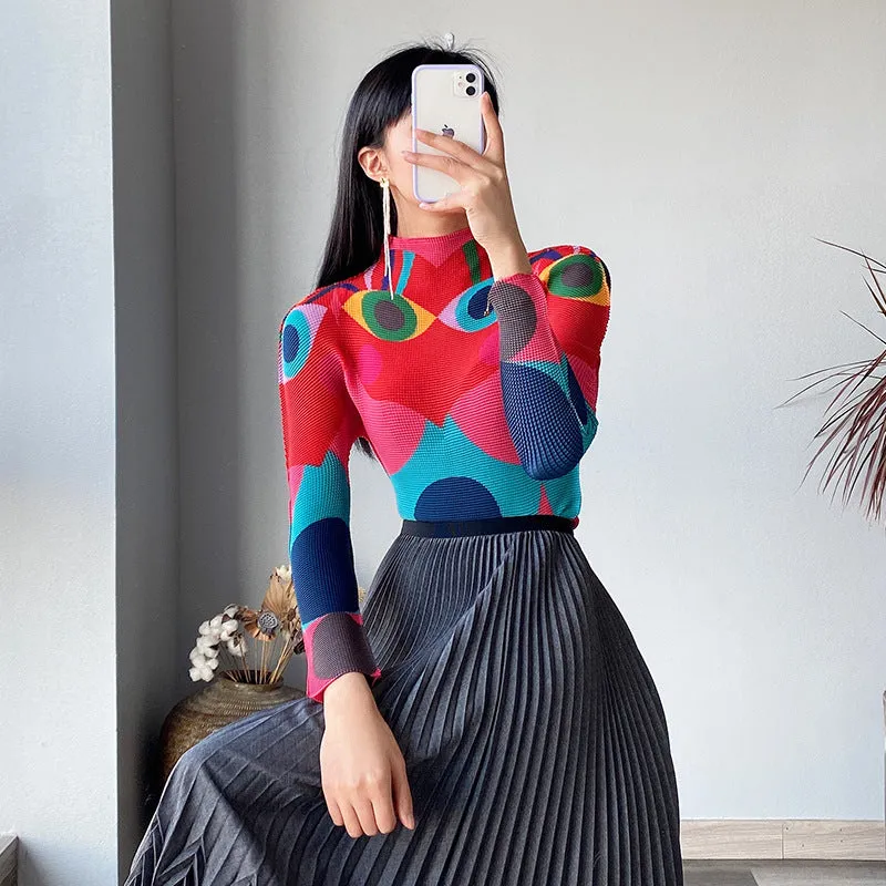 Miyake Pleated Geometric Print Turtleneck Top