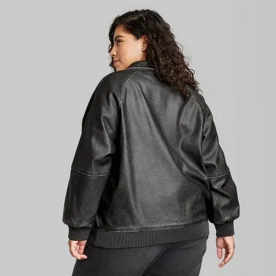 New - Wild Fable Women's Zip-Up Winter Faux Leather Bomber Jacket Distressed