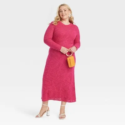 New - Women's Long Sleeve Maxi Pointelle Dress - A New Day Pink 1X