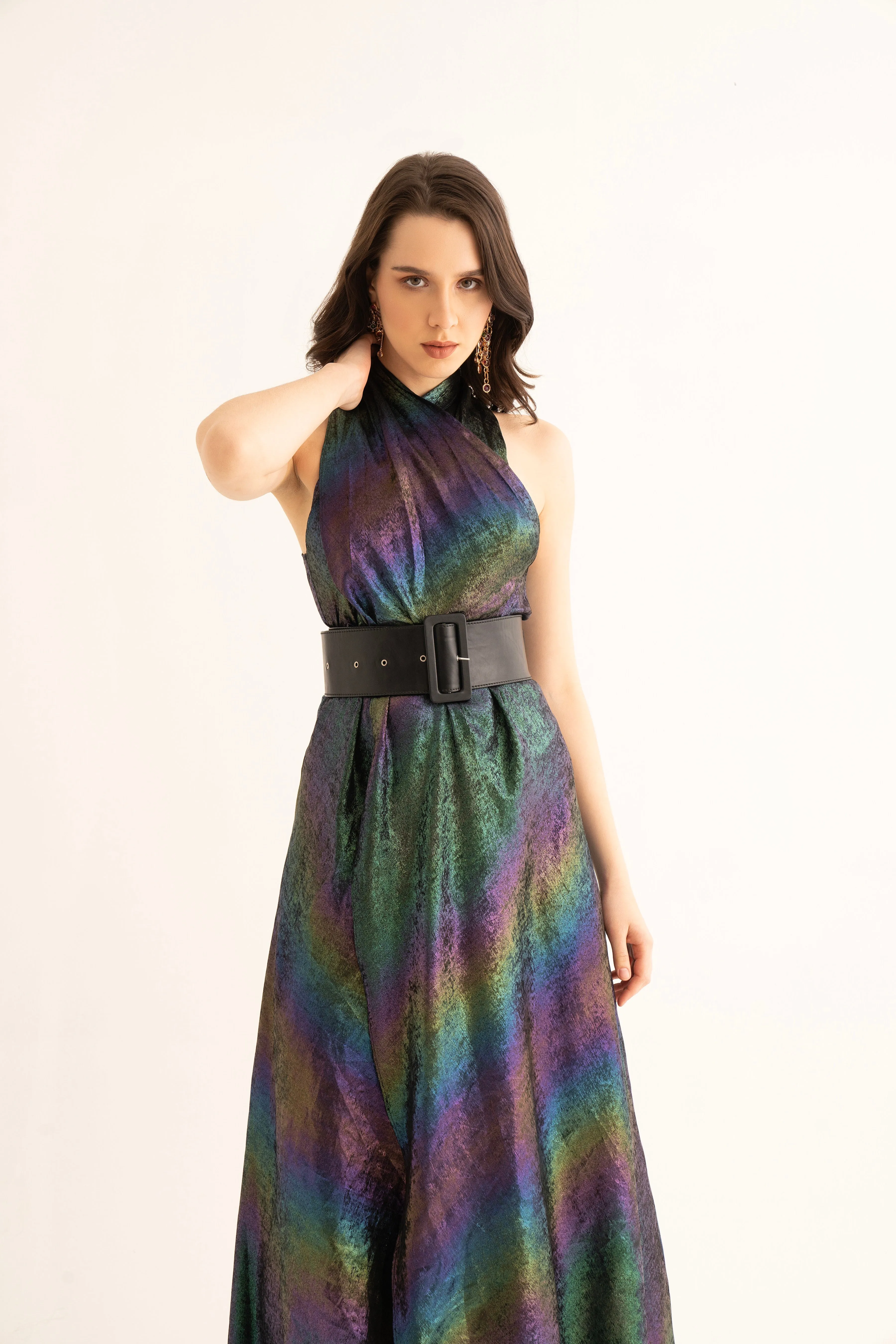 Nightfall Shimmer Crossover Maxi Dress