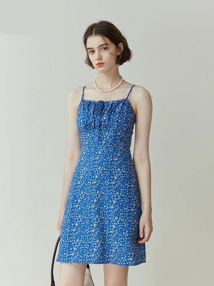 Nsquared Bohemian Syle Blue Printed One-word Collar Suspender Dress | Female Summer Seaside Holiday Style Floral Small Suspender Women