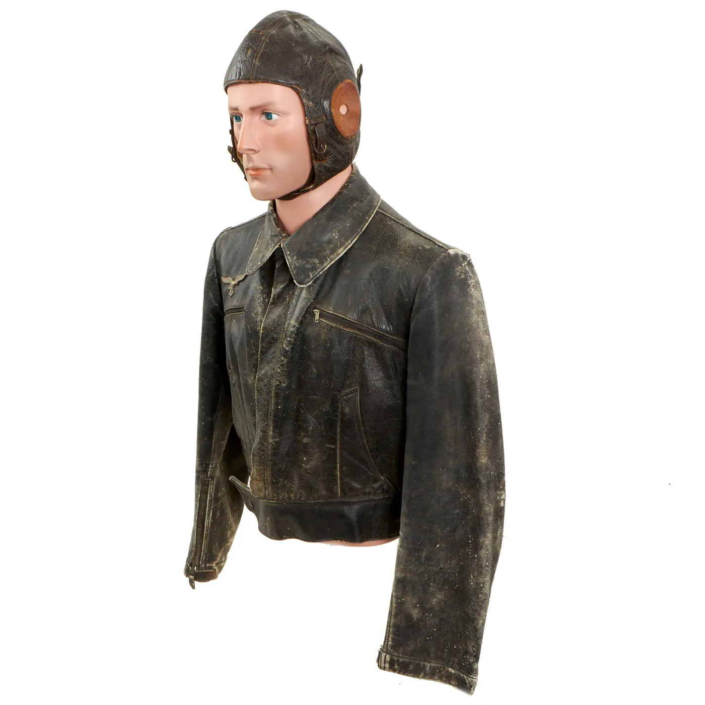 Original WWII German Luftwaffe Leather Flight Jacket with Leather Flight Helmet