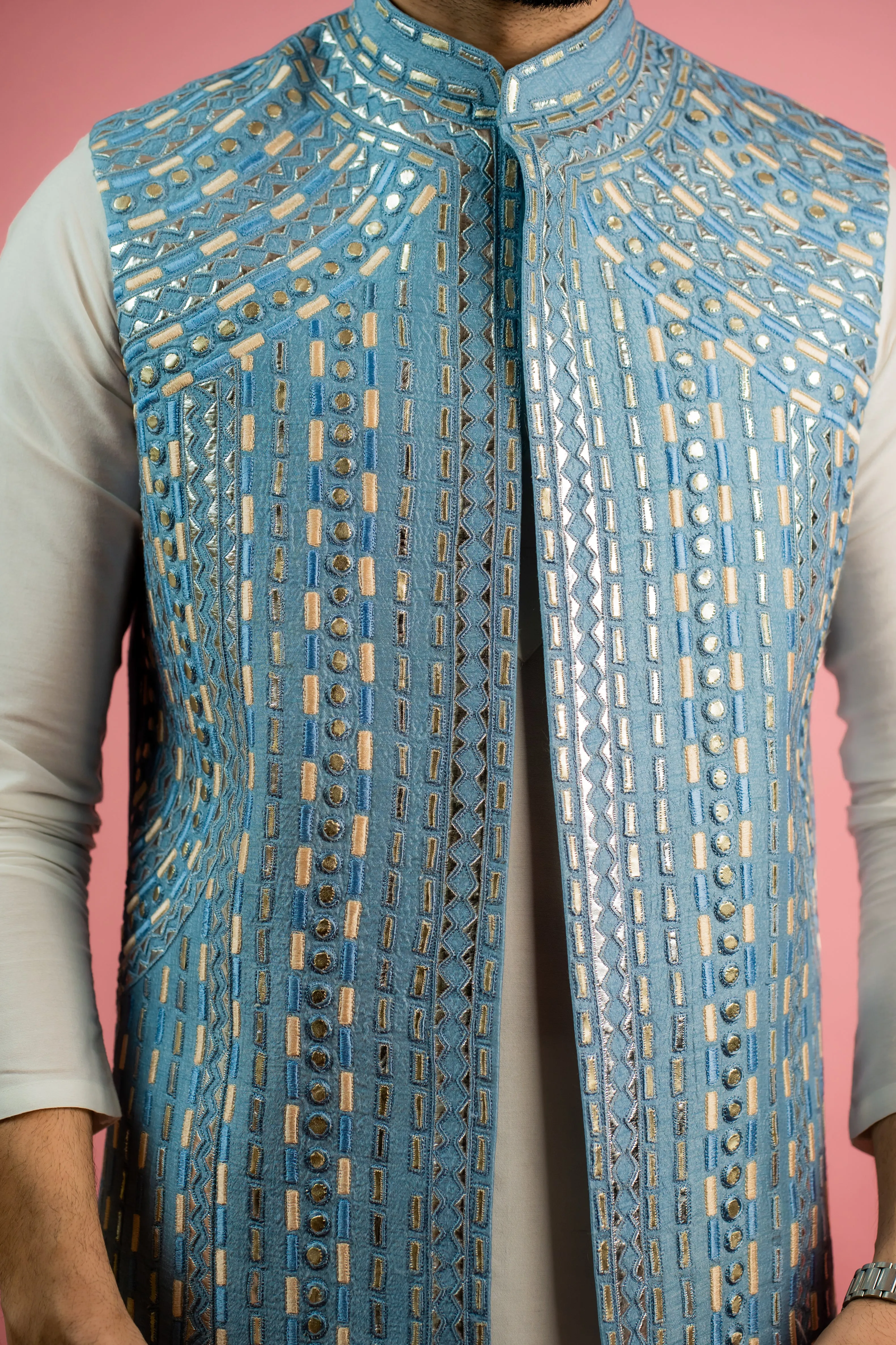 Pastel Blue Leather Applique Jacket Set