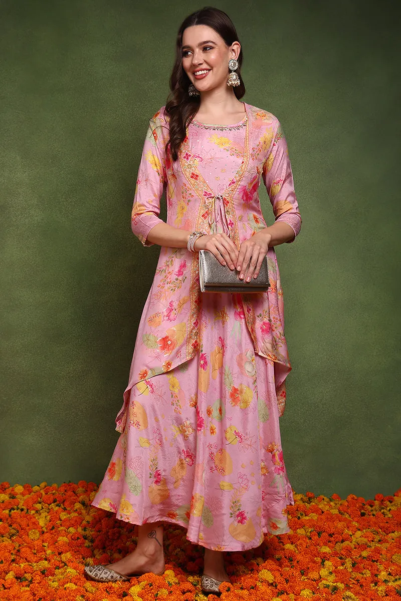 Pink Silk Blend Floral Embroidered Maxi Ethnic Dress With Longline Shrug