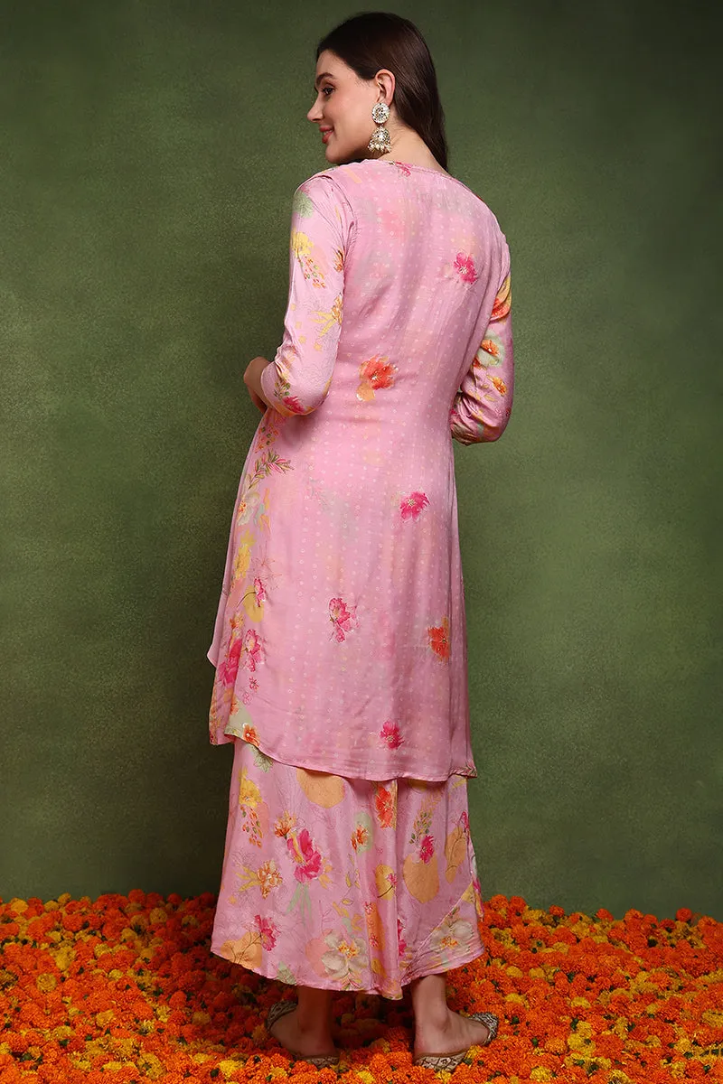 Pink Silk Blend Floral Embroidered Maxi Ethnic Dress With Longline Shrug