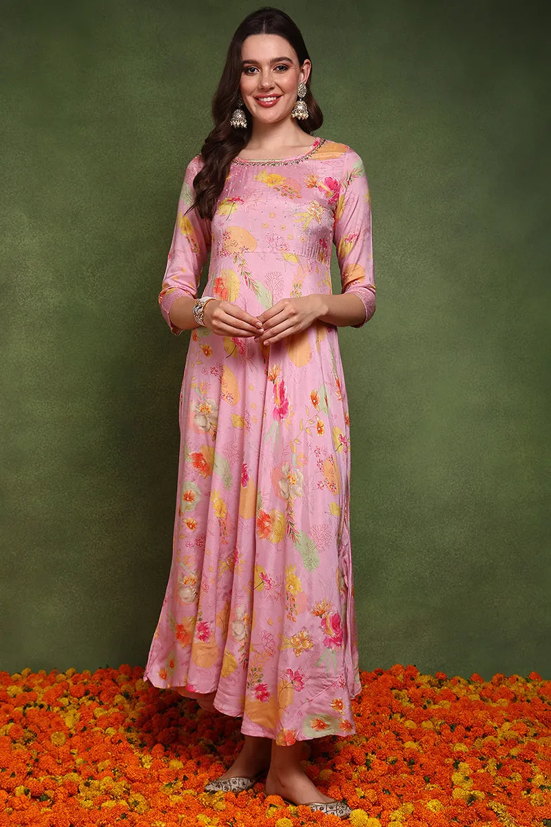 Pink Silk Blend Floral Embroidered Maxi Ethnic Dress With Longline Shrug