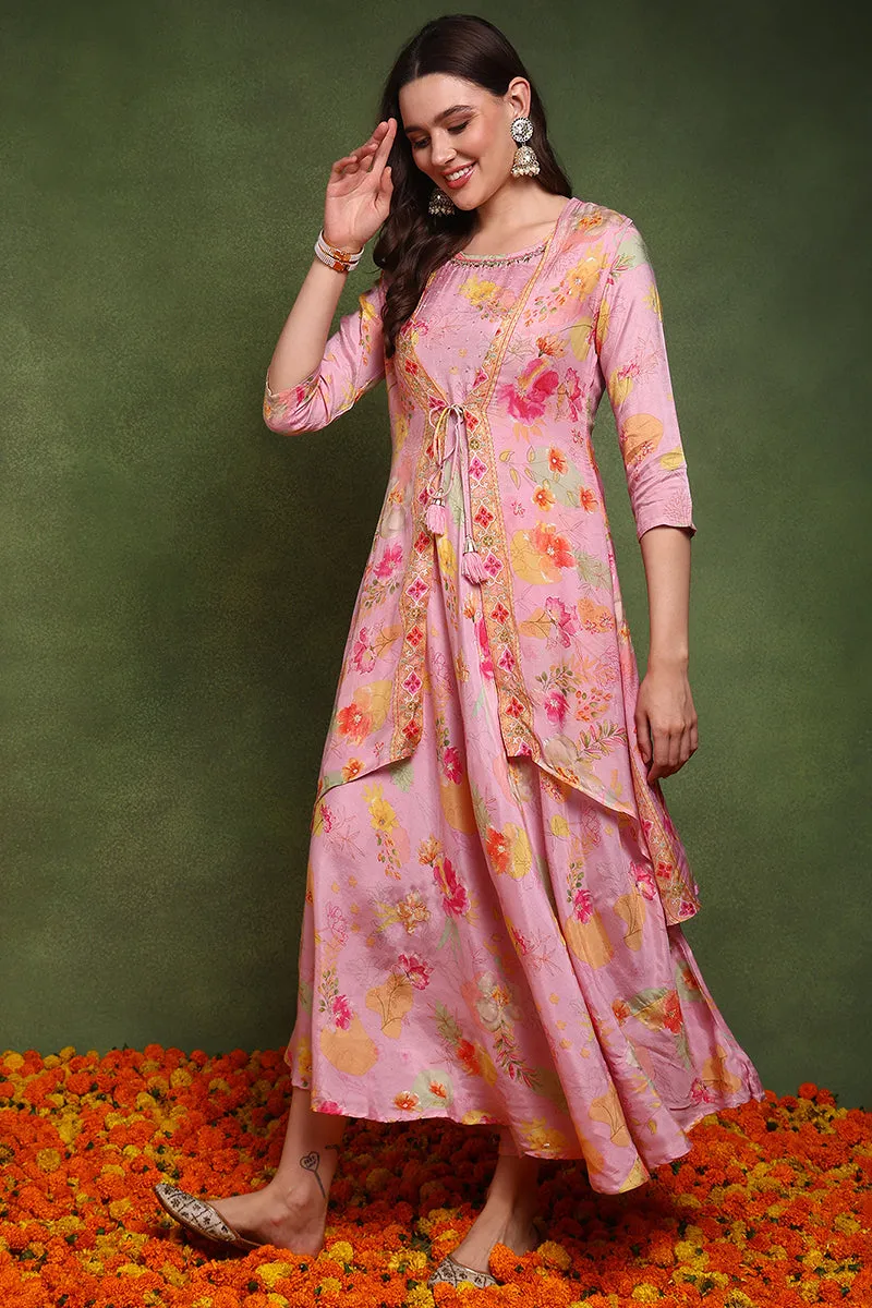 Pink Silk Blend Floral Embroidered Maxi Ethnic Dress With Longline Shrug