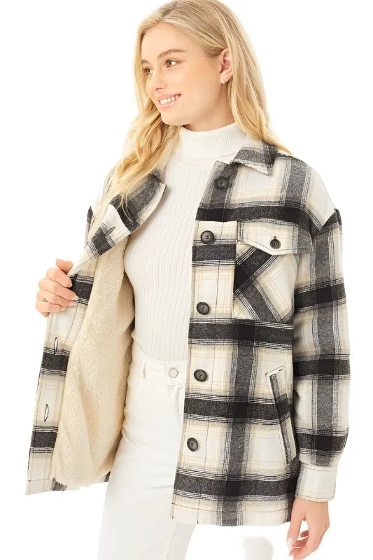 Plaid Button Up Jacket with Sherpa Lining