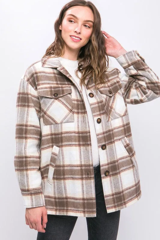 Plaid Button Up Jacket with Sherpa Lining