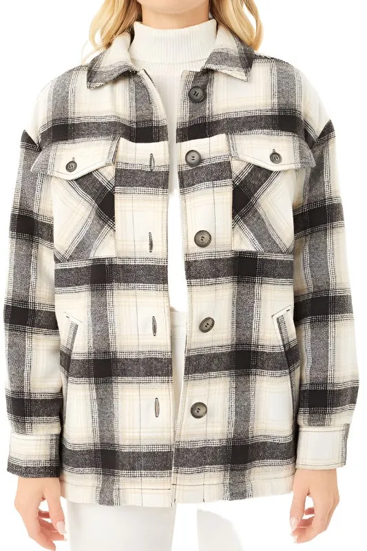 Plaid Button Up Jacket with Sherpa Lining