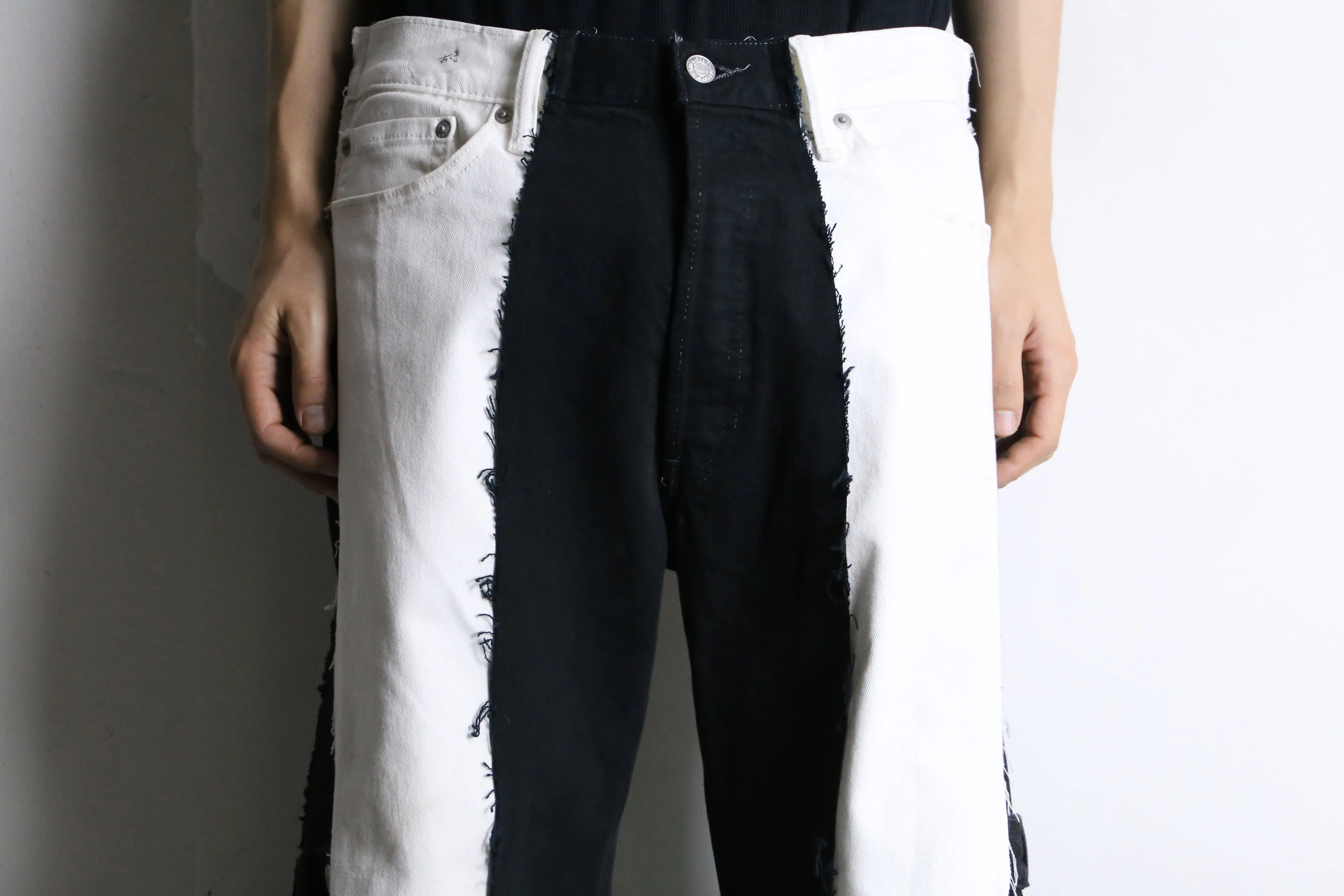 "Re:make" black × white 3docking flare denim pants