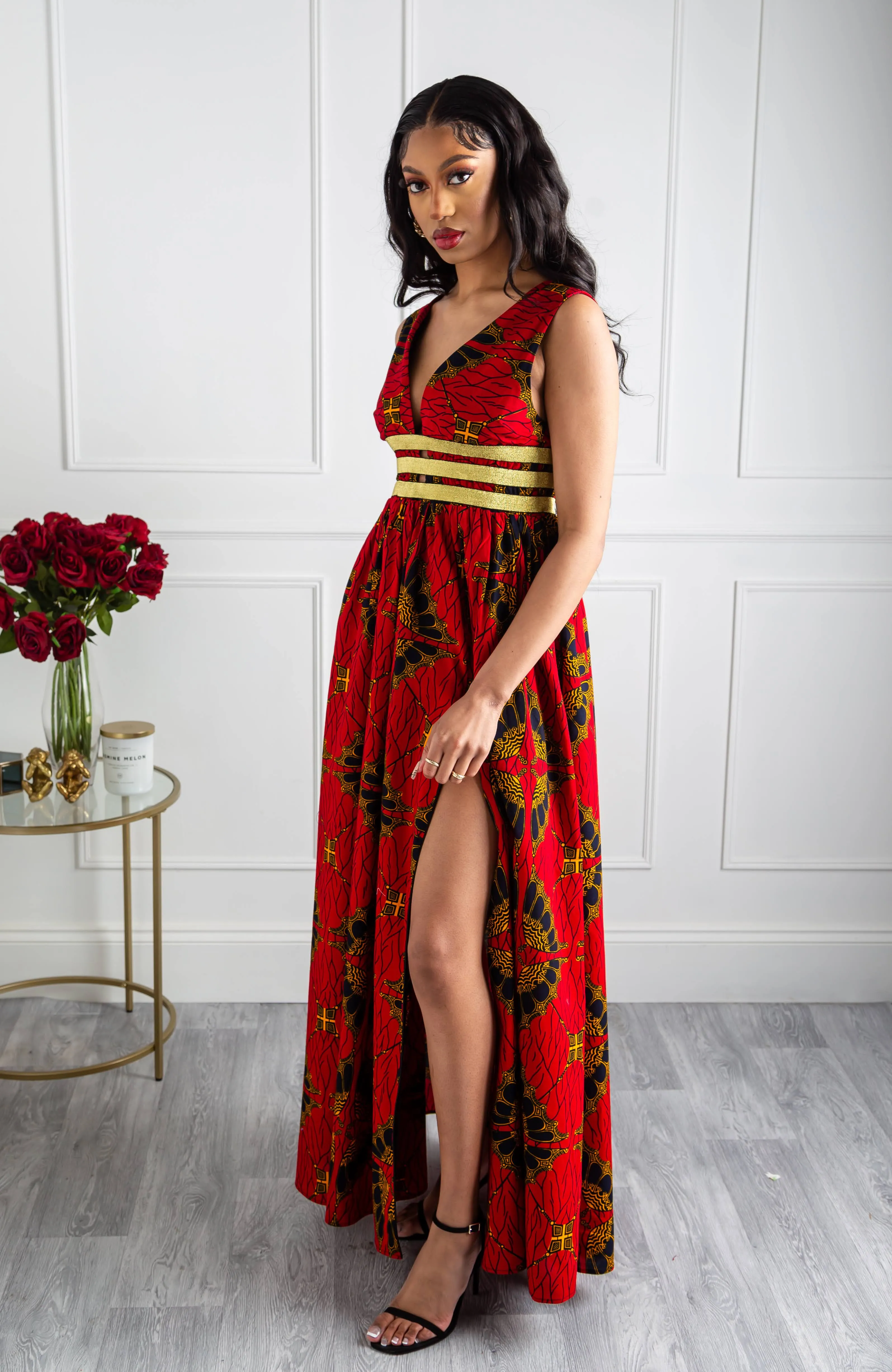 Red Ankara Plunge Neckline Maxi Dress - CORDELIA