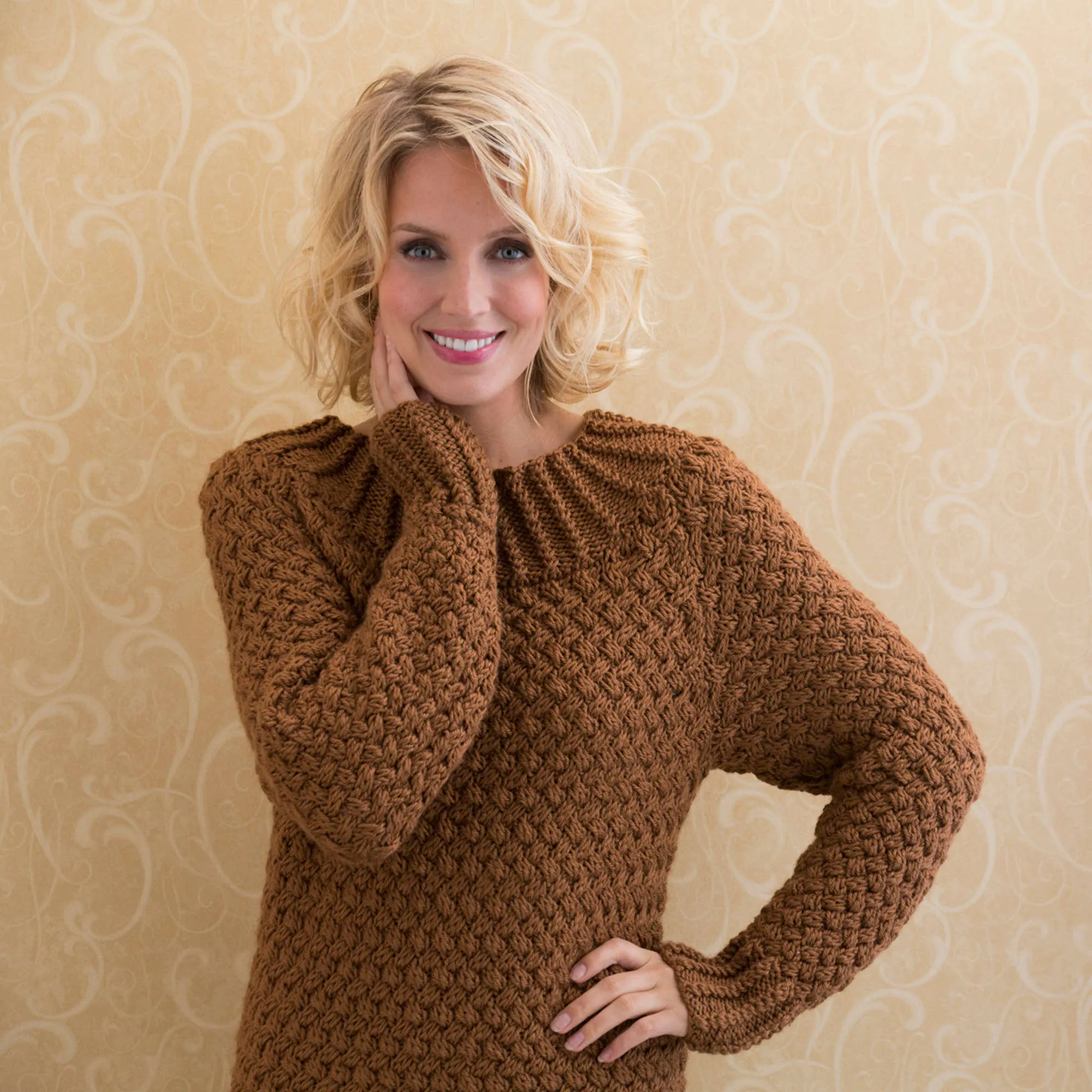 Red Heart Knit Aran Basket Stitch Sweater