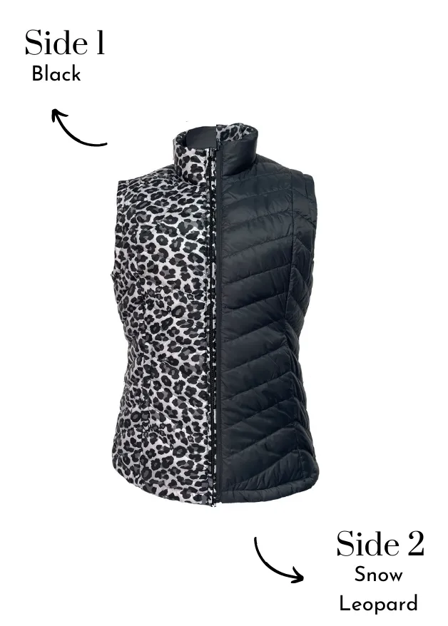 Reversible Black/ Snow Leopard Duck Down Vest