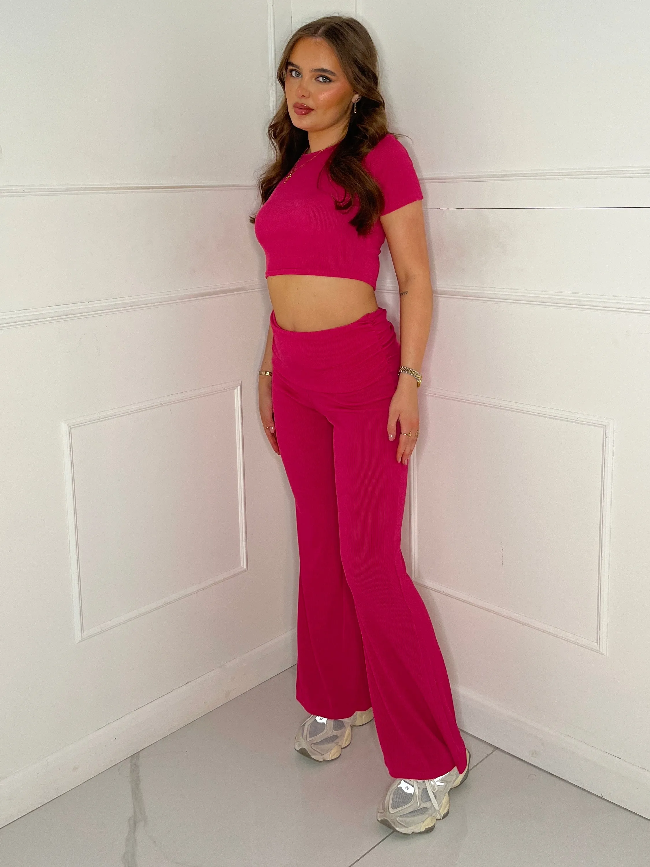 Ribbed Crop Top & Fold Over Flares Loungesuit - Hot Pink