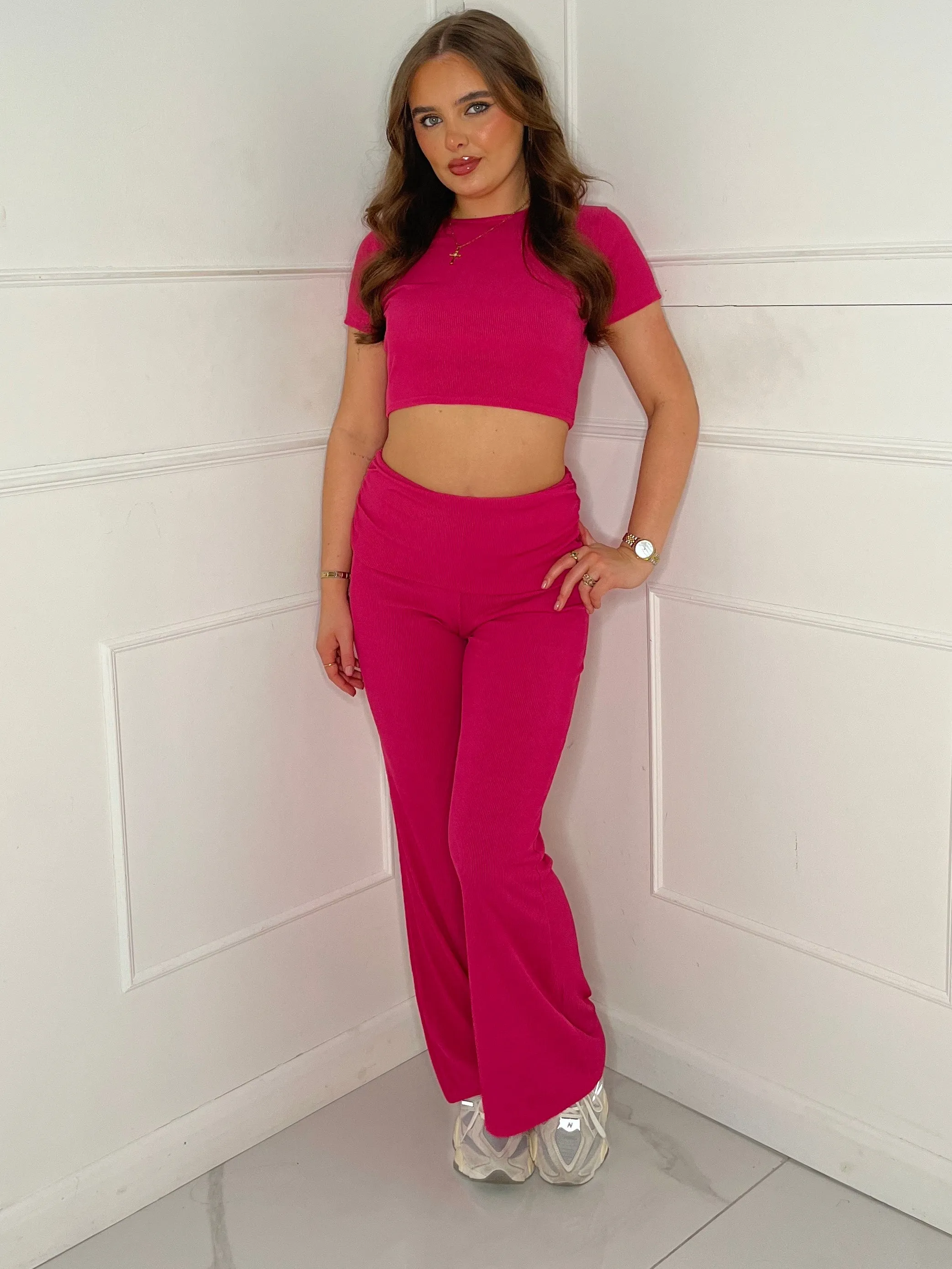 Ribbed Crop Top & Fold Over Flares Loungesuit - Hot Pink