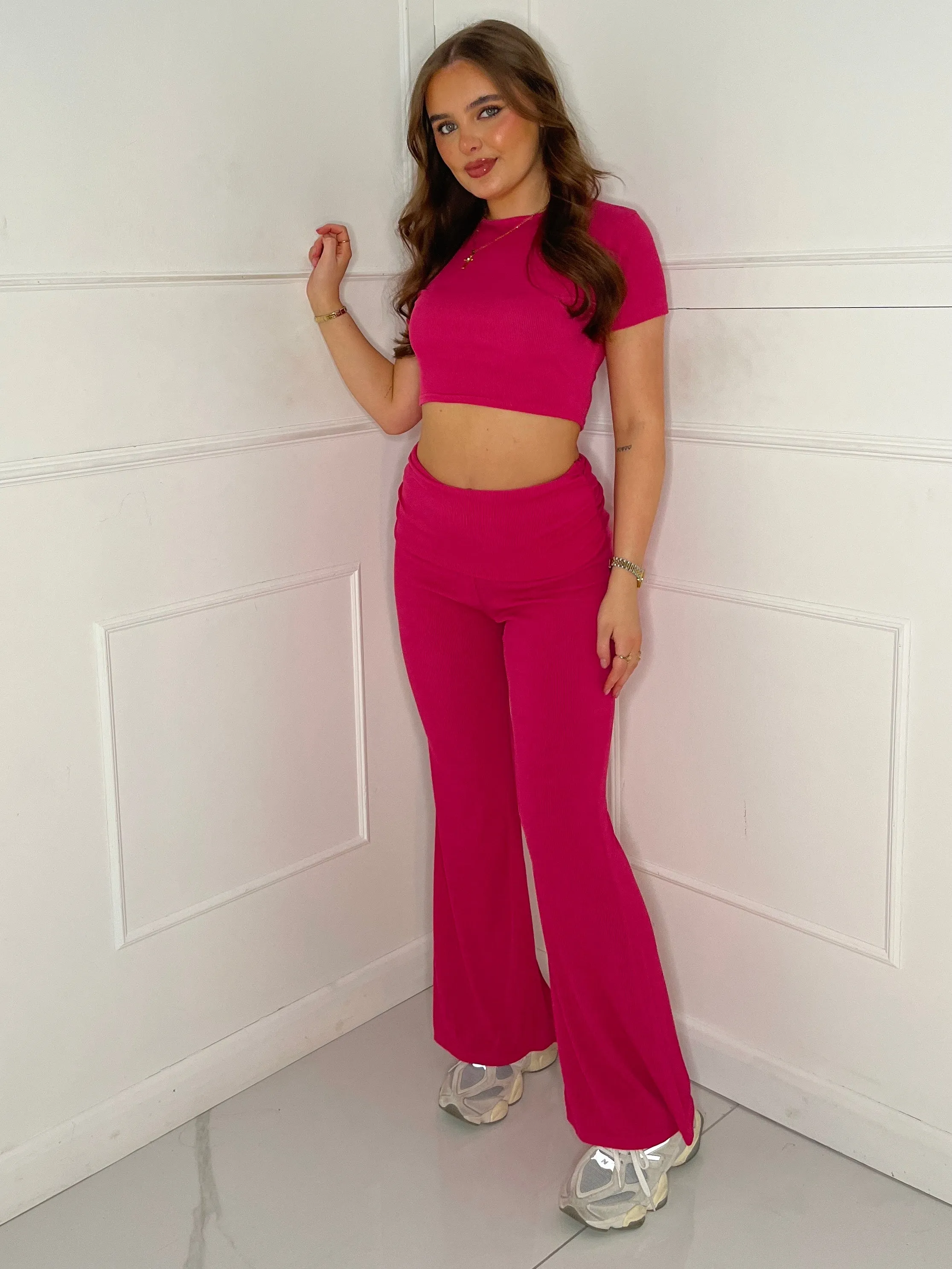 Ribbed Crop Top & Fold Over Flares Loungesuit - Hot Pink