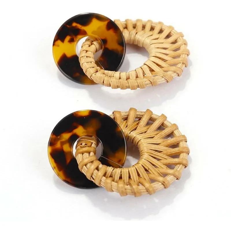 Round Rattan Drop Earrings - Tortoise