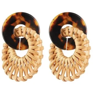 Round Rattan Drop Earrings - Tortoise