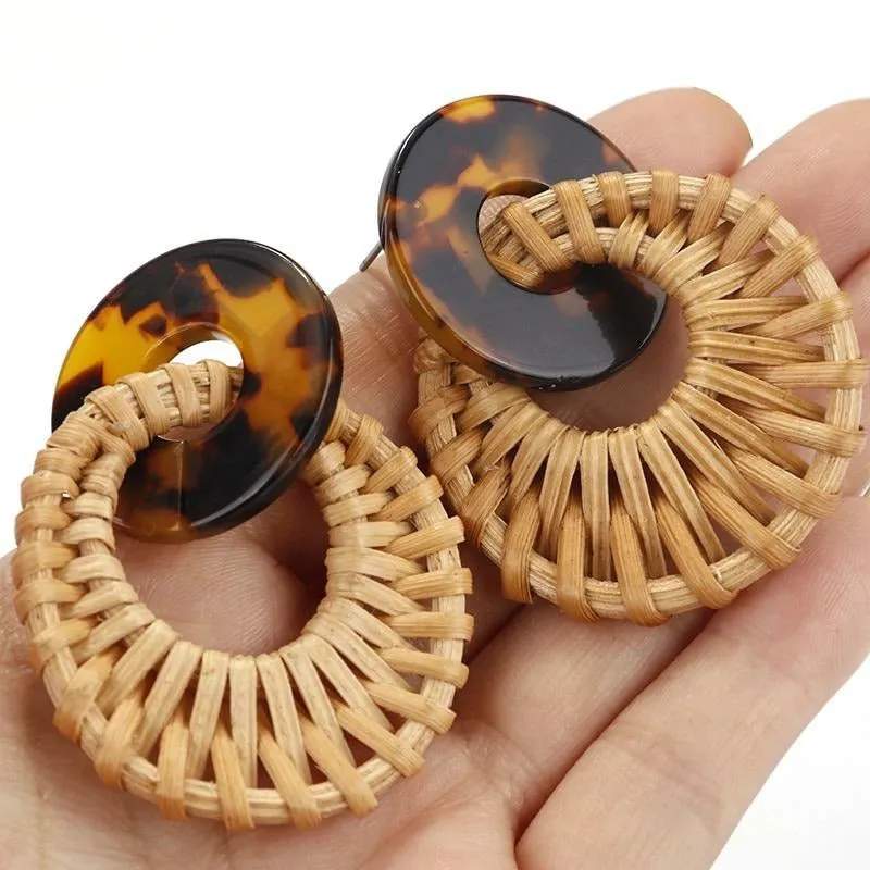 Round Rattan Drop Earrings - Tortoise