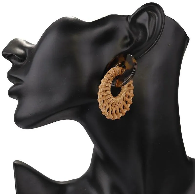 Round Rattan Drop Earrings - Tortoise