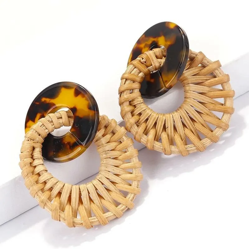 Round Rattan Drop Earrings - Tortoise