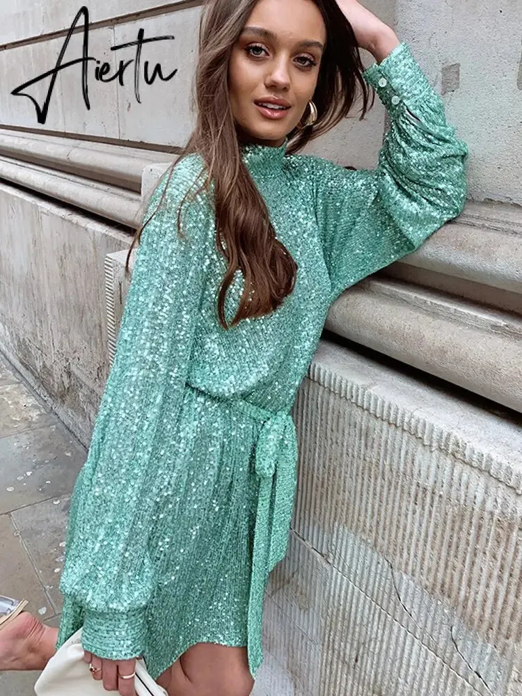 Sequins Women Lace Up Dress Green Turtleneck Long Sleeeve Midi Female Dresses  Autumn Winter Ruffle Party Club Lady