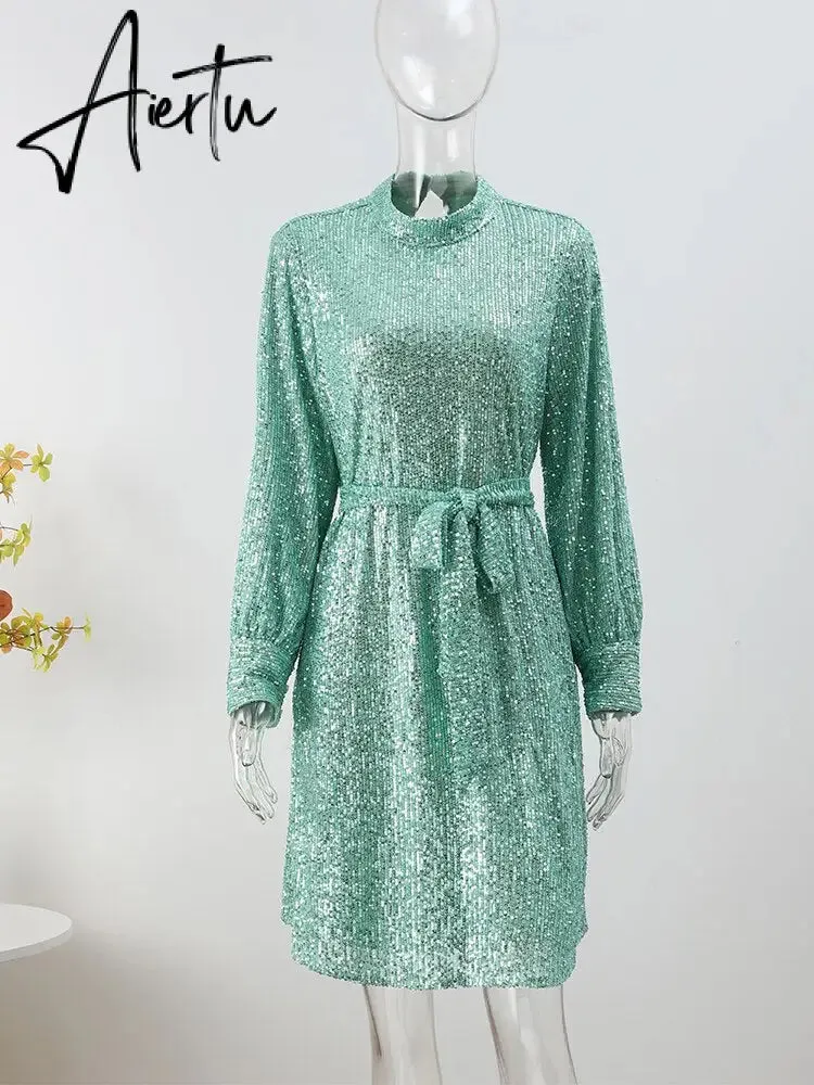 Sequins Women Lace Up Dress Green Turtleneck Long Sleeeve Midi Female Dresses  Autumn Winter Ruffle Party Club Lady