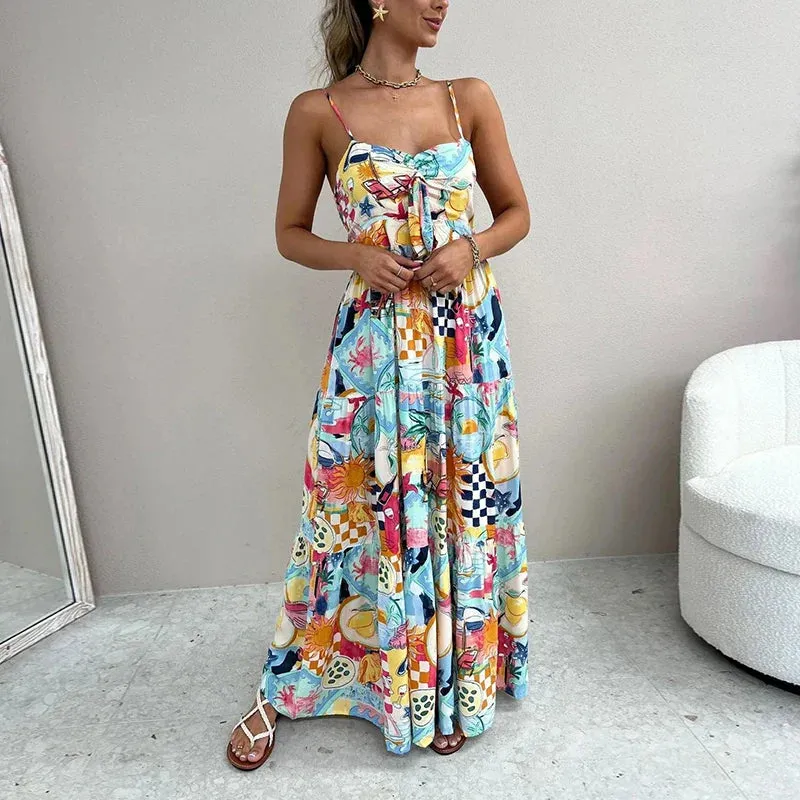 Shoulder Bohemian Spaghetti Strap Casual Pattern Printed Pleated Long Mujer Summer Off Dress