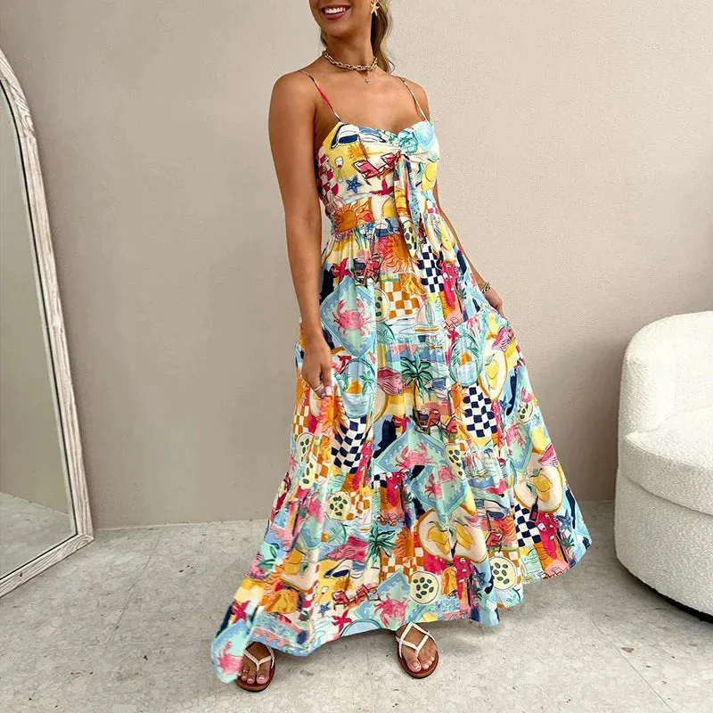 Shoulder Bohemian Spaghetti Strap Casual Pattern Printed Pleated Long Mujer Summer Off Dress