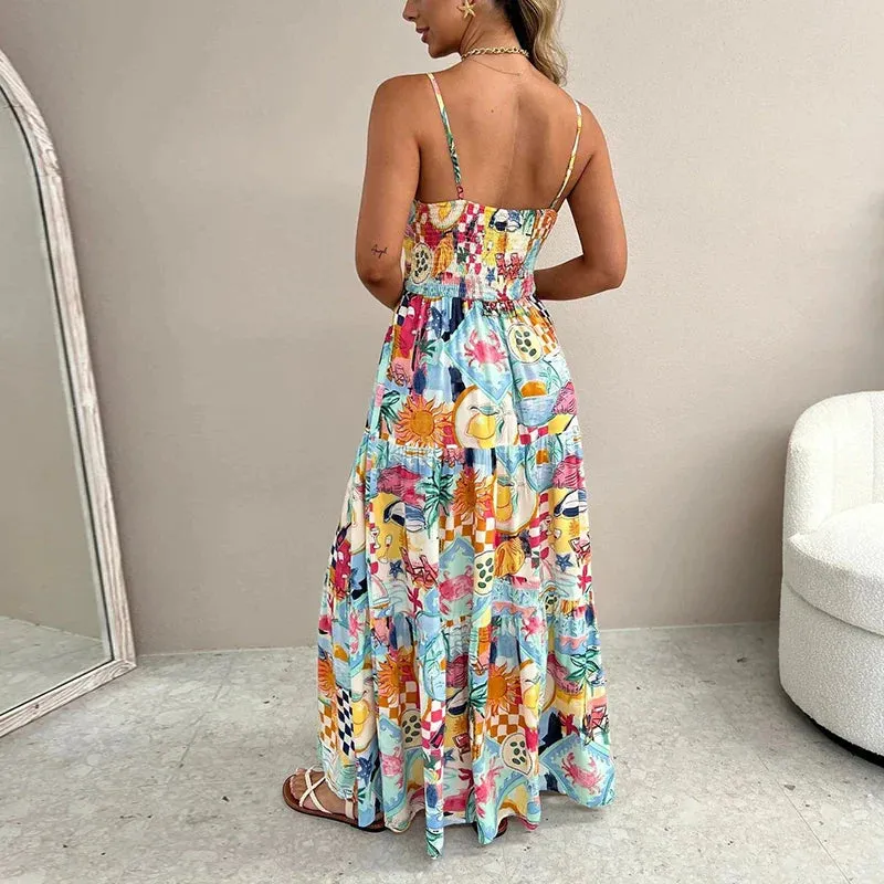 Shoulder Bohemian Spaghetti Strap Casual Pattern Printed Pleated Long Mujer Summer Off Dress