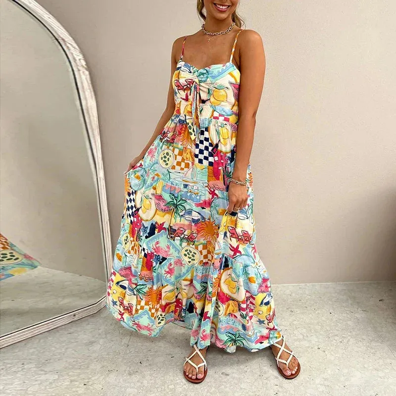 Shoulder Bohemian Spaghetti Strap Casual Pattern Printed Pleated Long Mujer Summer Off Dress