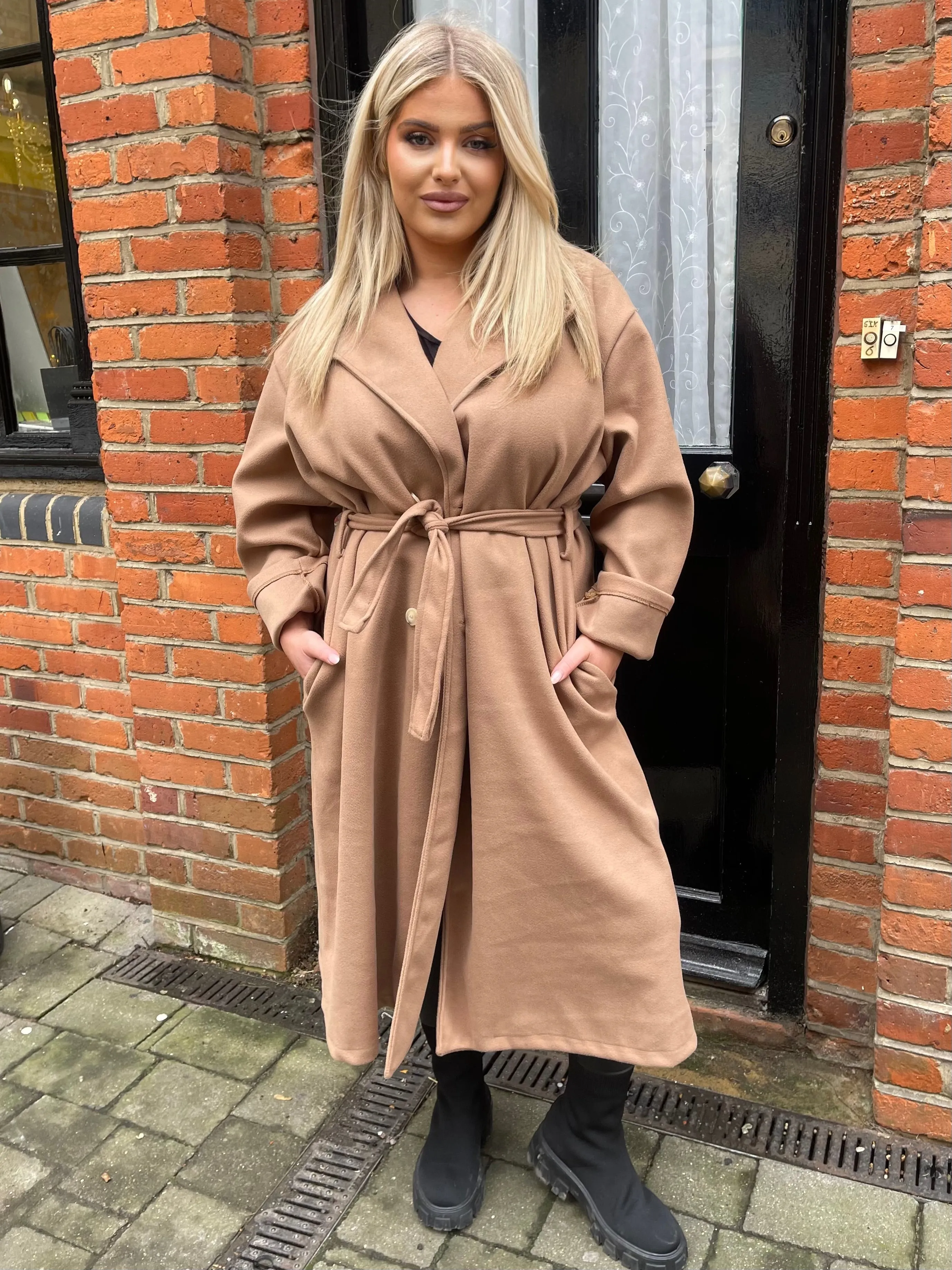 Sinita Camel Button Detailed Belted Trench Coat - Plus Size