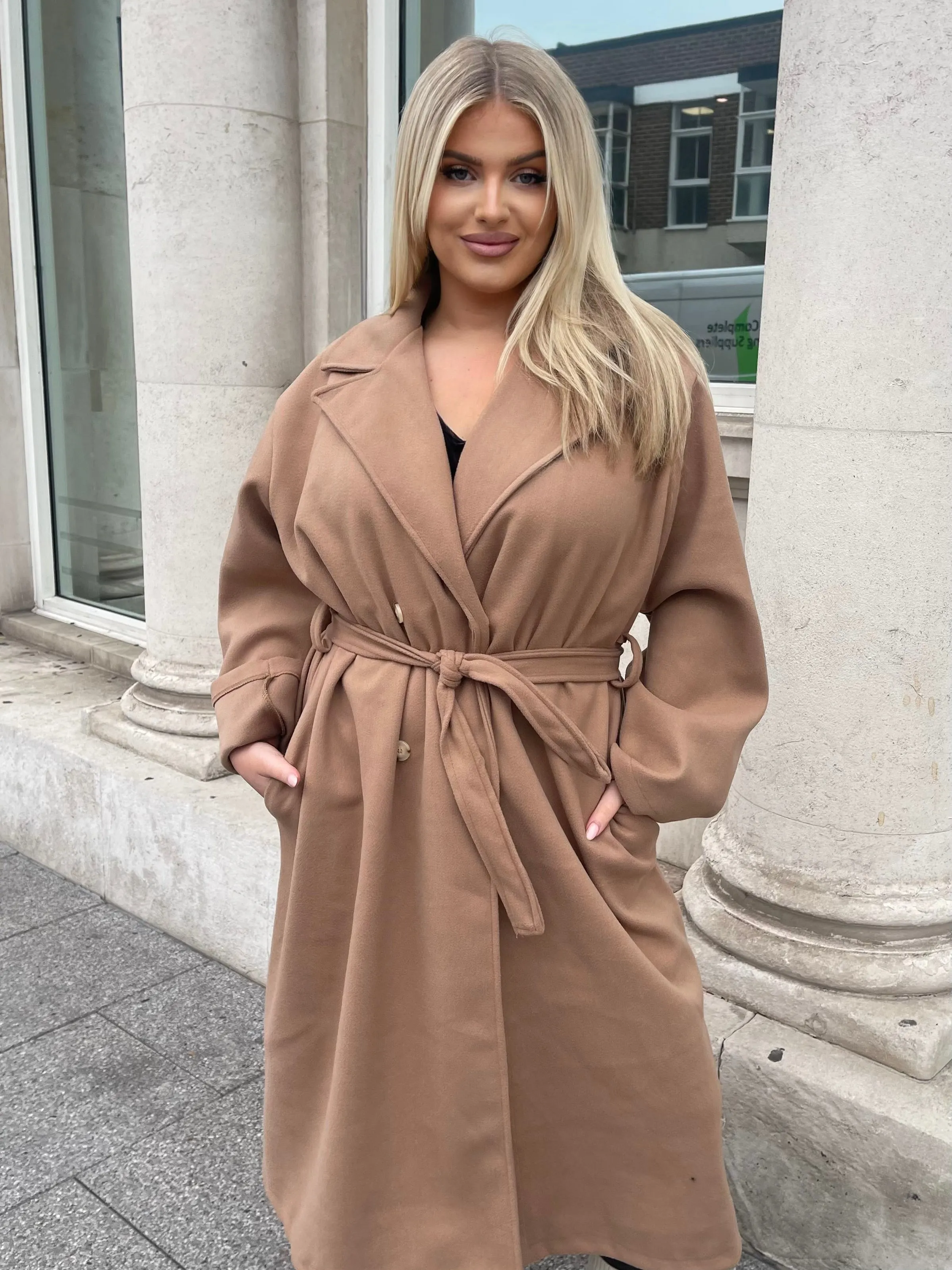 Sinita Camel Button Detailed Belted Trench Coat - Plus Size