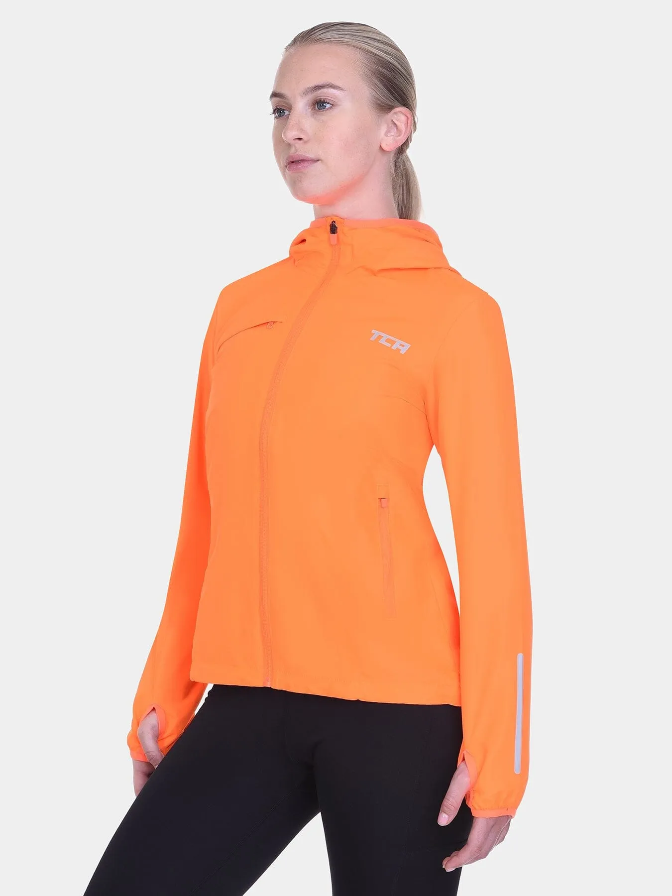 Softshell Packable Running Water Repellant Hooded Jacket For Women With Thumbholes, Reflective Strips & Zip Pockets