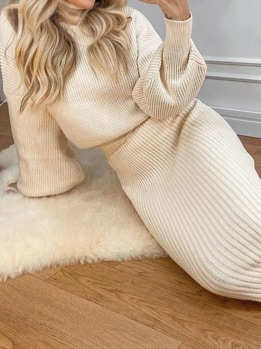 Solid Color Knitted Turtleneck Top Slim Skirt Women's Suit