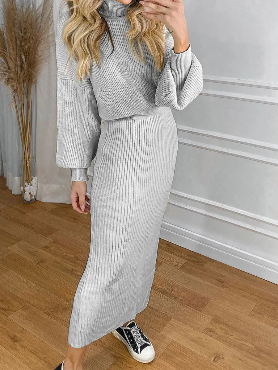 Solid Color Knitted Turtleneck Top Slim Skirt Women's Suit