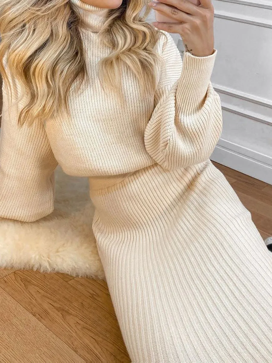 Solid Color Knitted Turtleneck Top Slim Skirt Women's Suit